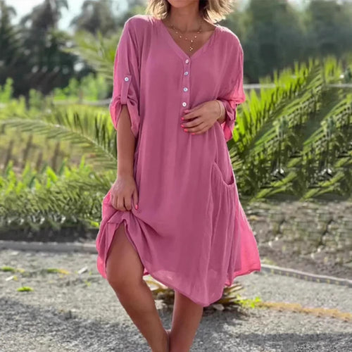 Damen nan luftiges V-Ausschnitt Strandkleid mit Knopfleiste, Krempelärmeln und aufgesetzten Seitentaschen EB