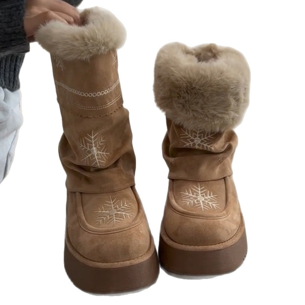 Damen Winterstiefel mit flauschigem Kragen und stilvollen Schneeflocken-Motiven EB