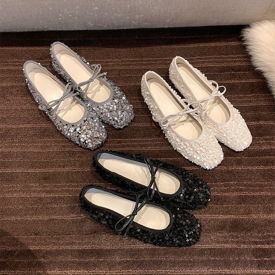 Damen Ballerinas mit glitzerndem Paillettenbesatz und weichem Riemendesign EB