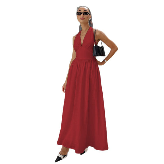 Damen Elegantes Maxikleid mit tiefem V-Ausschnitt und fließendem Schnitt EB