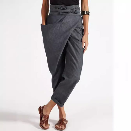 Damen nan Wickelhose aus Leinenmix mit hohem Taillenbund, überlappender Vorderseite und großzügiger Eingrifftasche EB