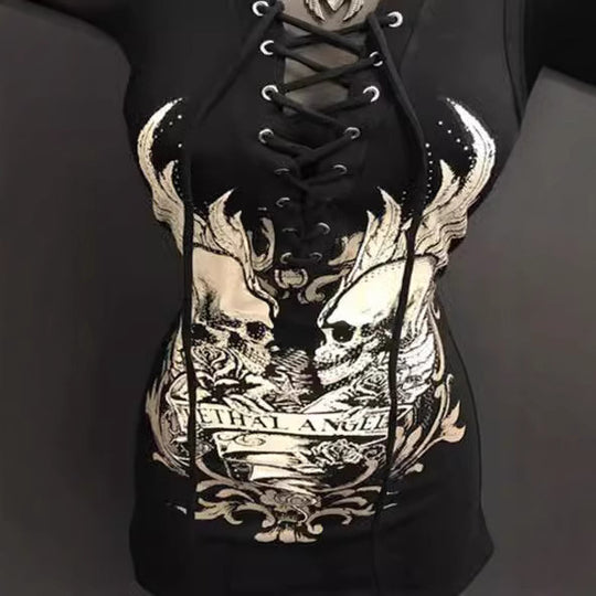 Damen Rockabilly Kleid mit Schnüroptik und grafischem Print EB