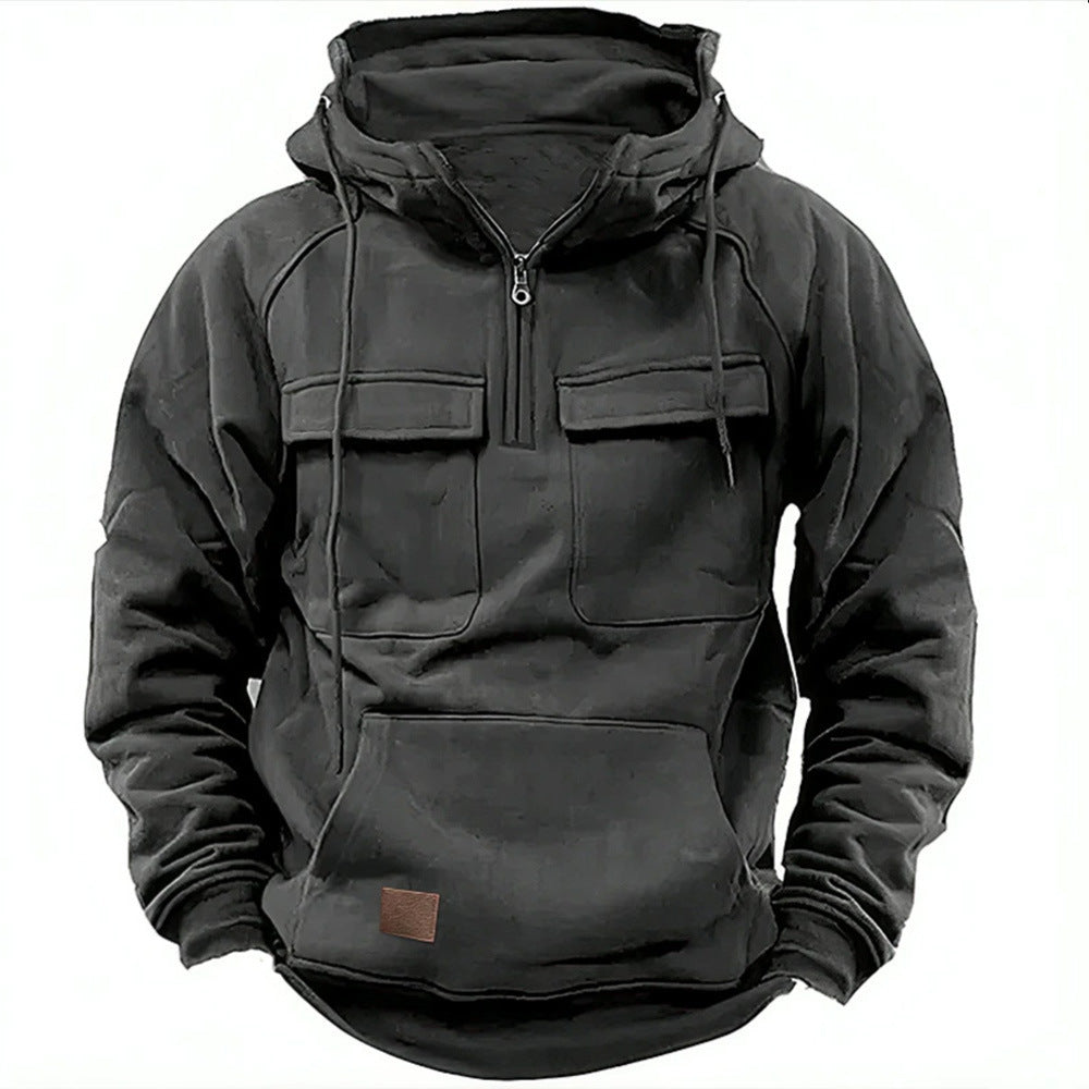 Herren Utility Hoodie mit aufgesetzten Taschen und halbem Reißverschluss EB