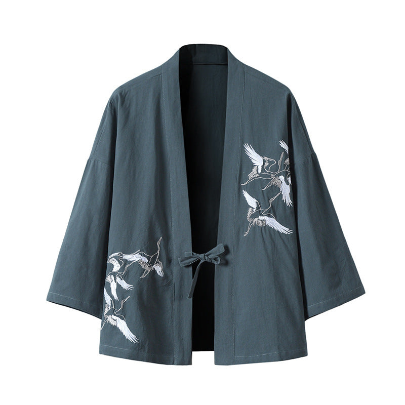 Unisex nan japanisch inspirierte Kimonojacke mit Kranichstickerei und Bindeschließe EB