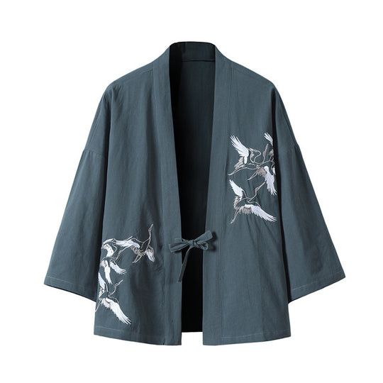 Unisex nan japanisch inspirierte Kimonojacke mit Kranichstickerei und Bindeschließe EB