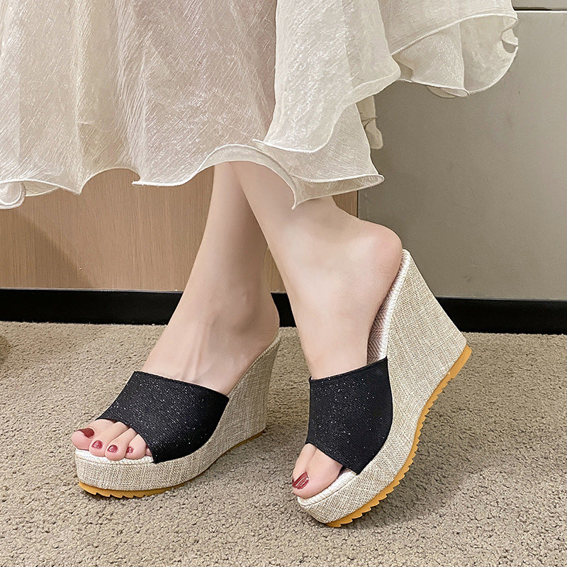 Damen Wedge-Pantoletten mit eleganter Glitzerapplikation EB