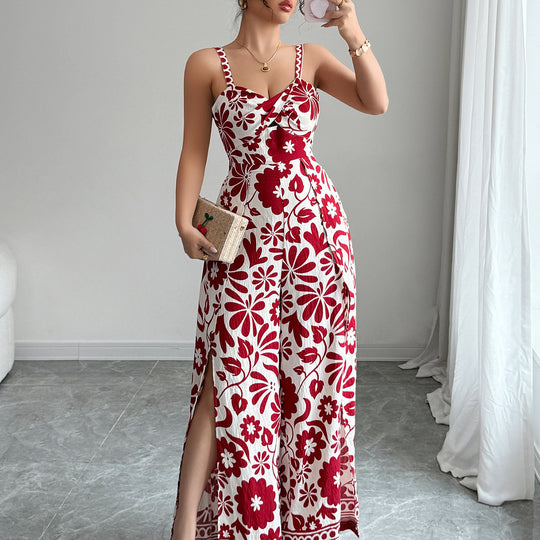 Damen Maxikleid mit tiefem Schlitz und floralem Muster EB