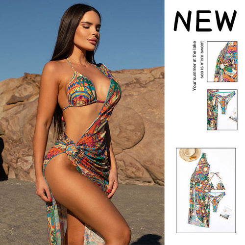 Damen Triangel-Bikini mit asymmetrischem Wickelrock und modischem Farbdesign EB