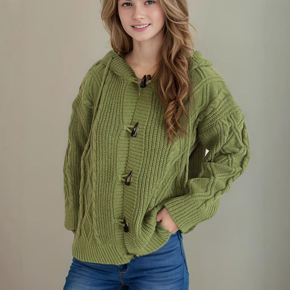 Damen Grobstrickjacke mit Kapuze und Zopfmuster EB