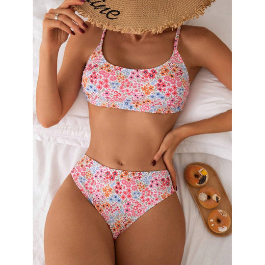 Damen High-Waist Bikini-Set mit floralem Design und komfortablen Trägern EB