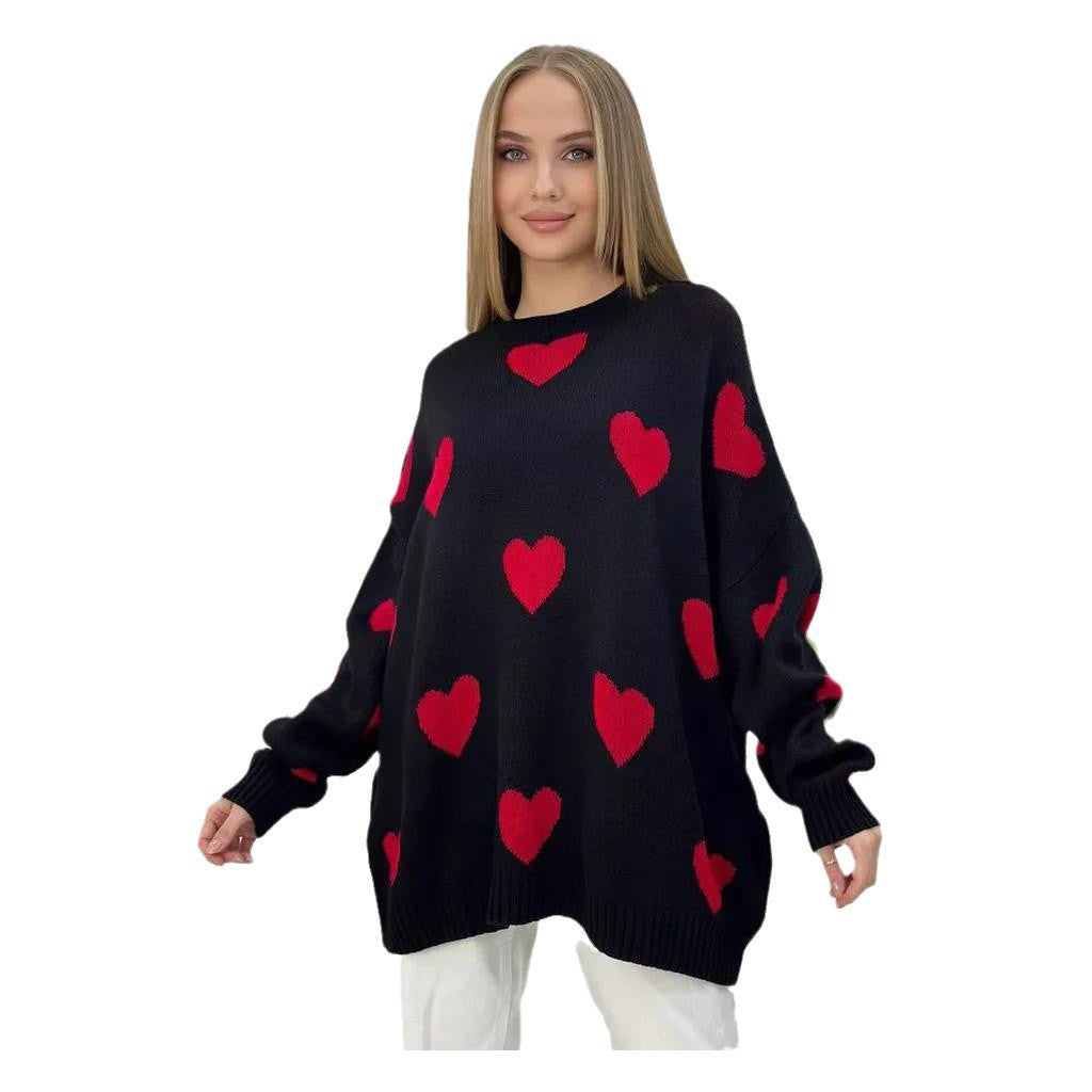 Damen Oversize Strickpullover mit Herz‑Motiv, Rippbündchen & weiter Silhouette EB