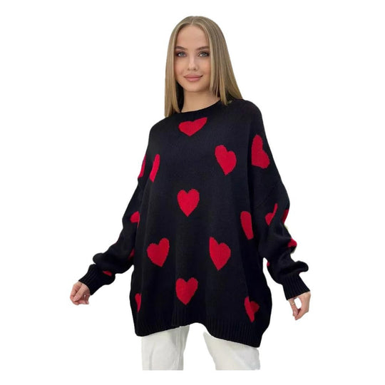 Damen Oversize Strickpullover mit Herz‑Motiv, Rippbündchen & weiter Silhouette EB