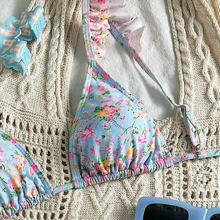 Damen Triangel-Bikini-Set mit floralen Rüschendetails und verstellbaren Trägern EB