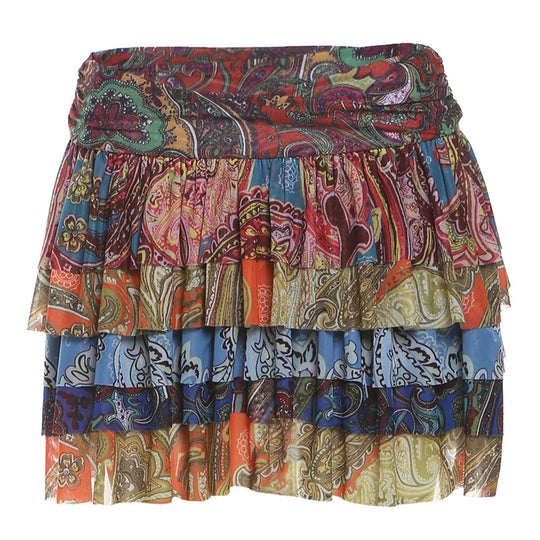 Damen Rüschenrock mit buntem Paisley-Muster und weitem Schnitt EB
