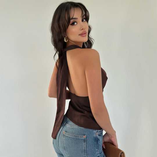 Damen Elegantes O-Back Top mit bindender Kapuze EB