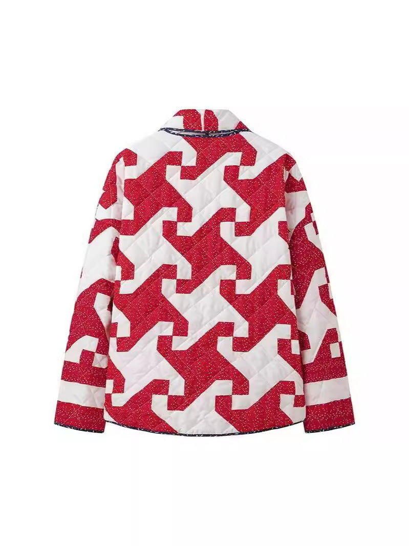 Damen gestepptes Überwurfjacke mit modernem Grafikdesign und großzügigen Taschen EB