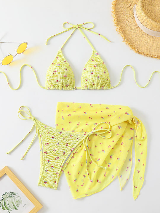 Damen Triangel-Bikini-Set mit floralem Detail und verspieltem Wickelrock EB