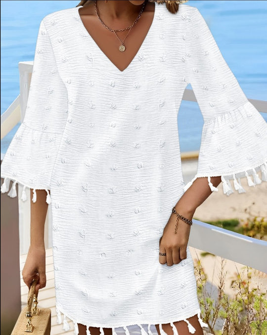 Damen Strandkleid mit elegantem V-Ausschnitt und dekorativen Fransen EB