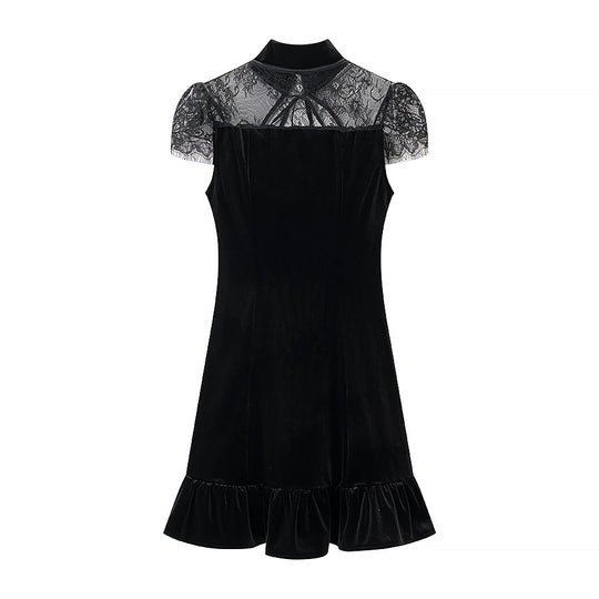 Damen Abendkleid mit transparenten Spitzenärmel und Rüschensaum EB