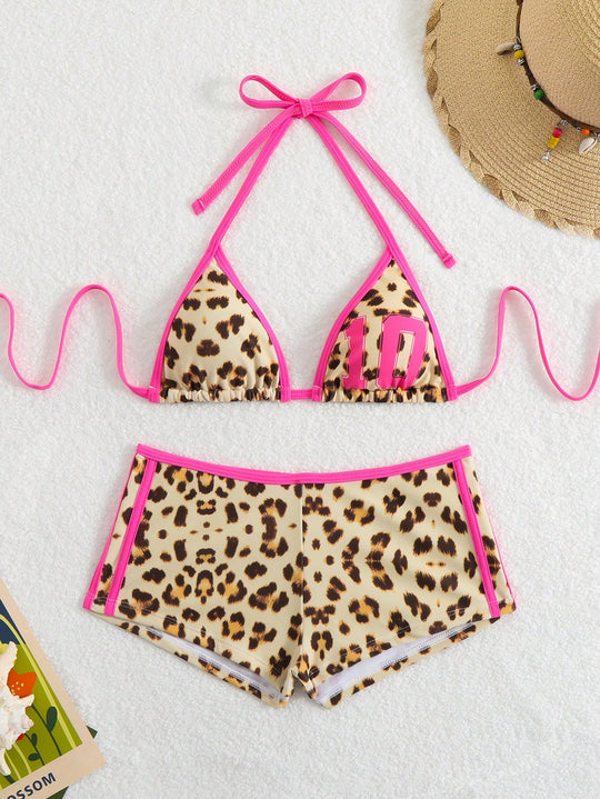 Damen Bikini-Set mit modischem Leopardenmuster und verstellbarem Halter EB