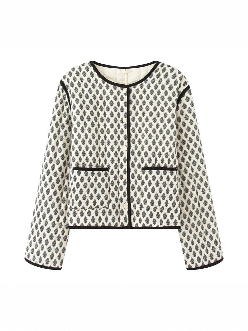 Damen gesteppte Jacke mit dekorativen Taschen und modernem Print EB