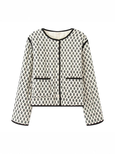 Damen gesteppte Jacke mit dekorativen Taschen und modernem Print EB