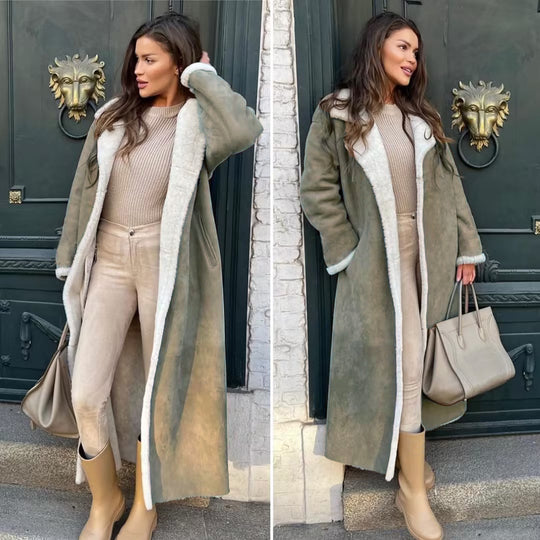 Damen Eleganter Kunstfellmantel mit übergroßem Revers und bequemen Taschen EB