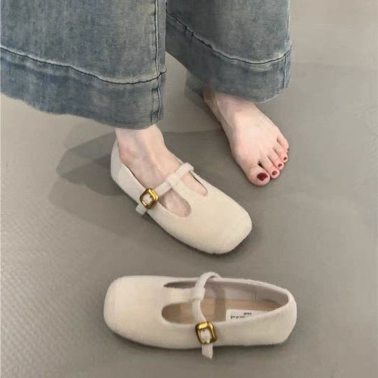 Damen elegante Filz-Ballerinas mit dekorativem Riemchen und bequemer Sohle EB