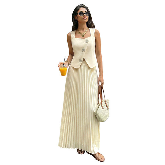 Damen Plissiertes Maxikleid mit elegantem Überwurf EB