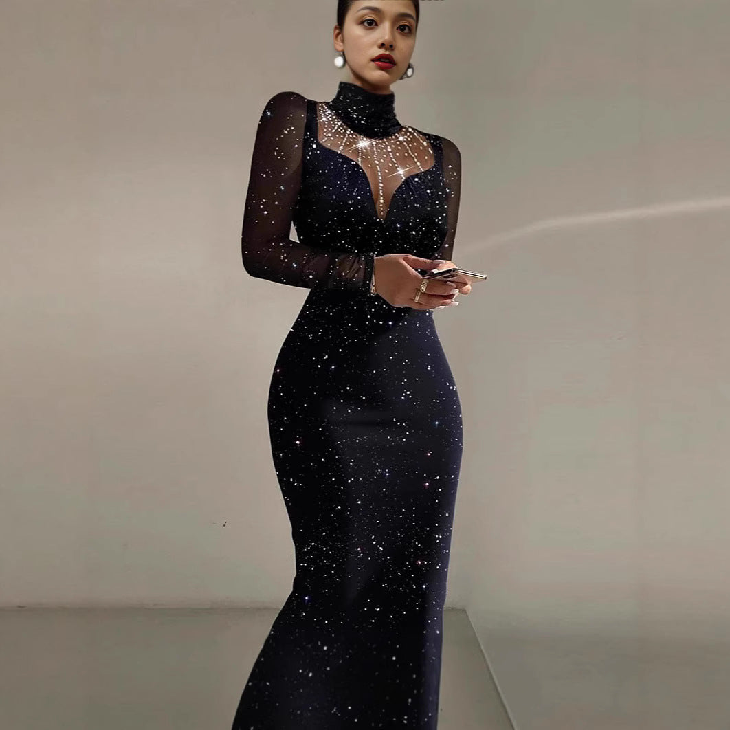 Damen Elegantes Abendkleid mit transparenten Ärmeln und schimmerndem Sternenmuster EB
