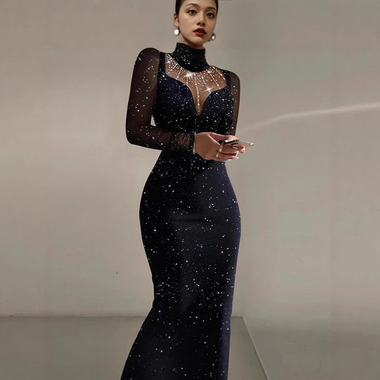 Damen Elegantes Abendkleid mit transparenten Ärmeln und schimmerndem Sternenmuster EB