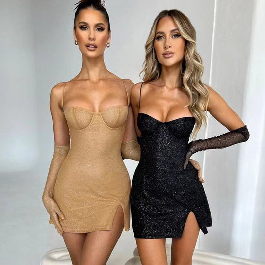 Damen Glamouröses Minikleid mit schimmerndem Oberteil und taillierter Silhouette EB