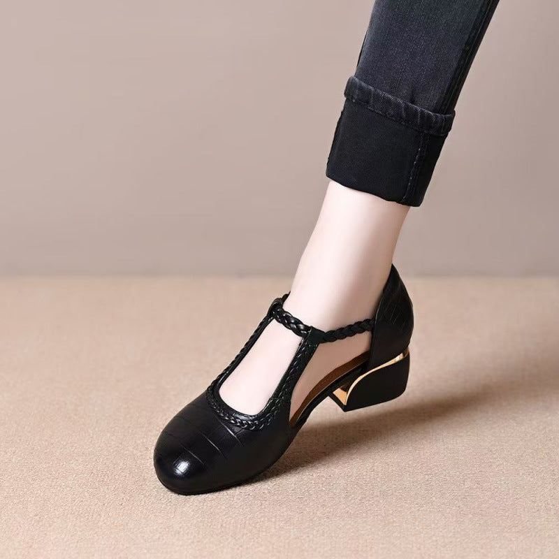 Damen Elegante T-Strap Pumps mit geflochtenem Detail und modischem Absatz EB