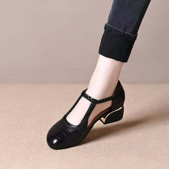 Damen Elegante T-Strap Pumps mit geflochtenem Detail und modischem Absatz EB