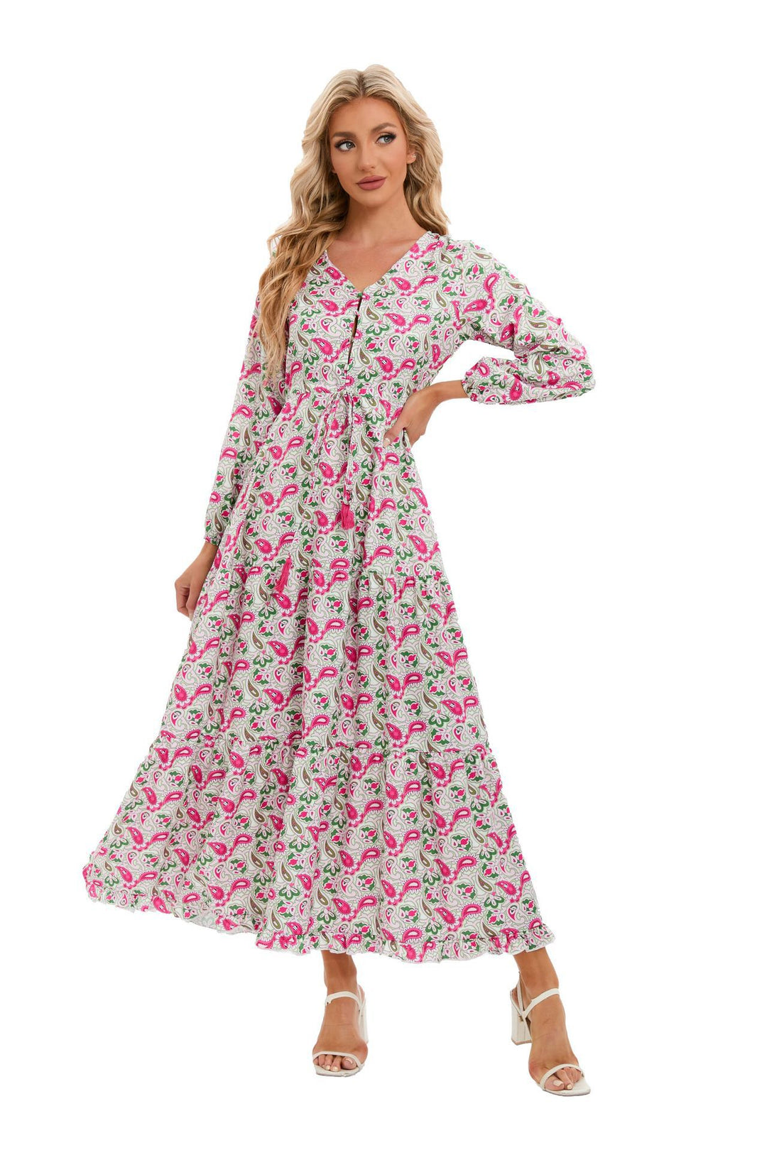 Damen Maxikleid mit elegantem Paisleymuster und Knopfdetails EB