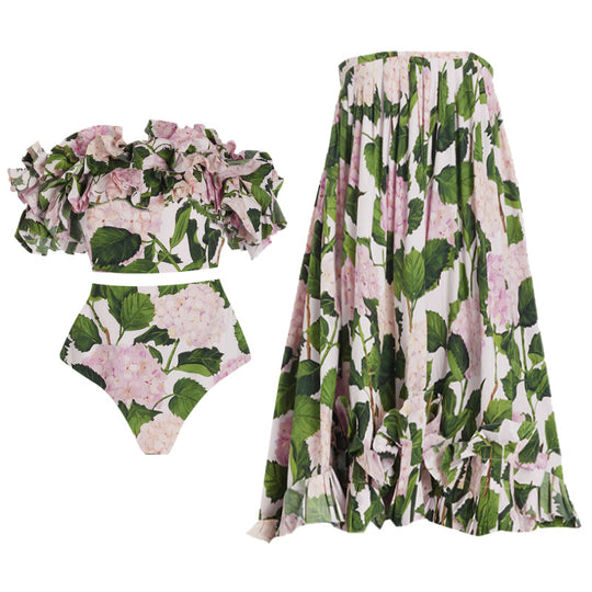 Damen Einteiler Badeanzug mit voluminösen Rüschendetails und floralem Design EB