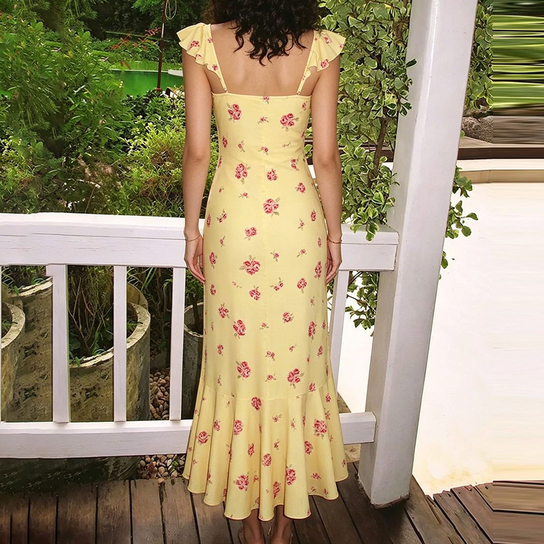 Damen Maxikleid mit floralen Rüschen und elegantem Schnitt EB