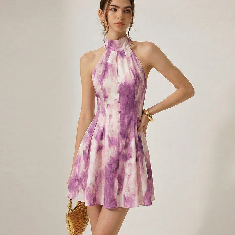 Damen Sommerliches Minikleid mit hochgeschlossenem Kragen und verspieltem Farbverlauf EB