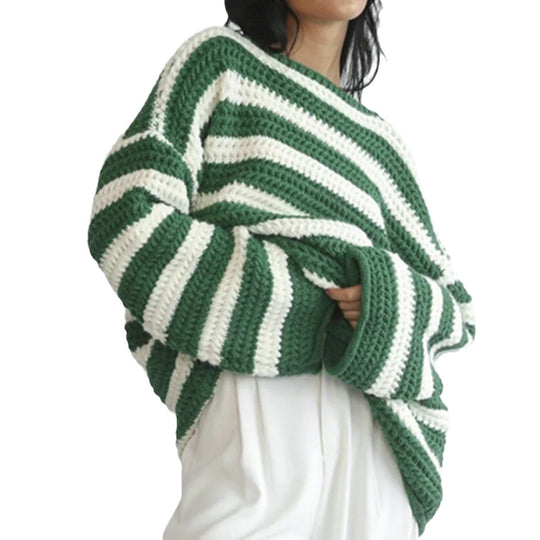 Damen gestreifter Grobstrickpullover mit lässigem Schnitt und weitem Arm EB