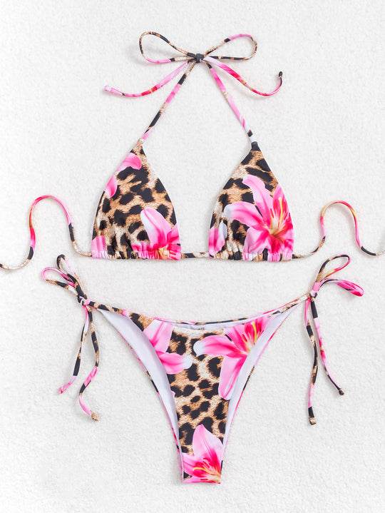 Damen Triangel-Bikini mit floralem und tierischem Muster EB