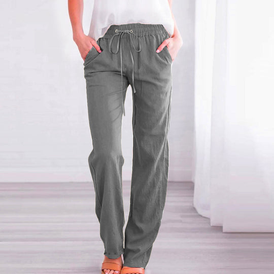 Damen Bequeme Leinen-Hose mit elastischem Bund und Taschen EB