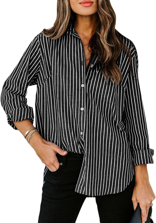 Damen gestreifte Bluse mit klassischem Kragen und lässigem Schnitt EB
