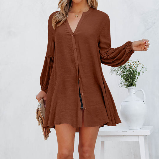 Damen Blusen-Kleid mit Knopfdetails und ballonförmigen Ärmeln EB