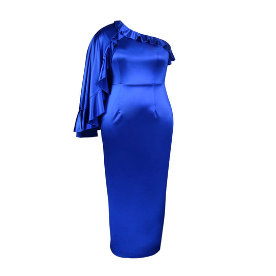 Damen elegantes Maxikleid mit asymmetrischem Rüschendesign EB