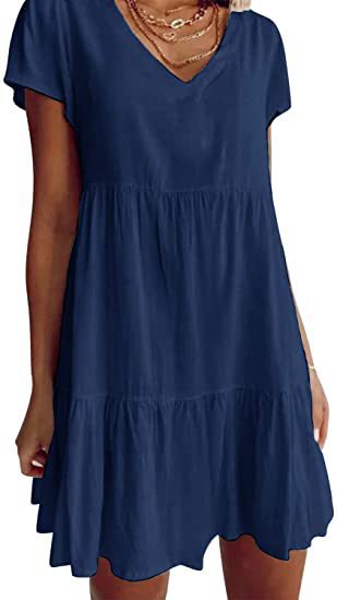 Damen luftiges V-Ausschnitt Kleid mit Rüschensaum und praktischen Taschen EB