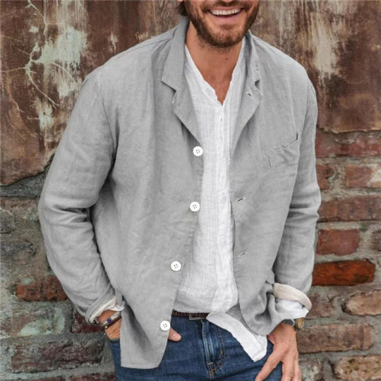 Herren lässige Leinenjacke mit dekorativen Knopfdetails und minimalistischer Schnittführung EB