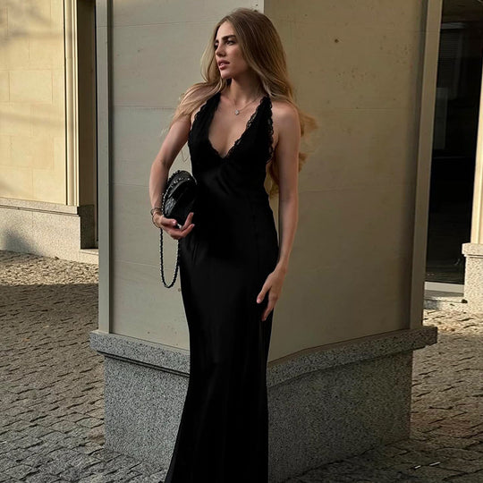 Damen elegantes langes Kleid mit verführerischem Spitzendetail und tiefem Ausschnitt EB