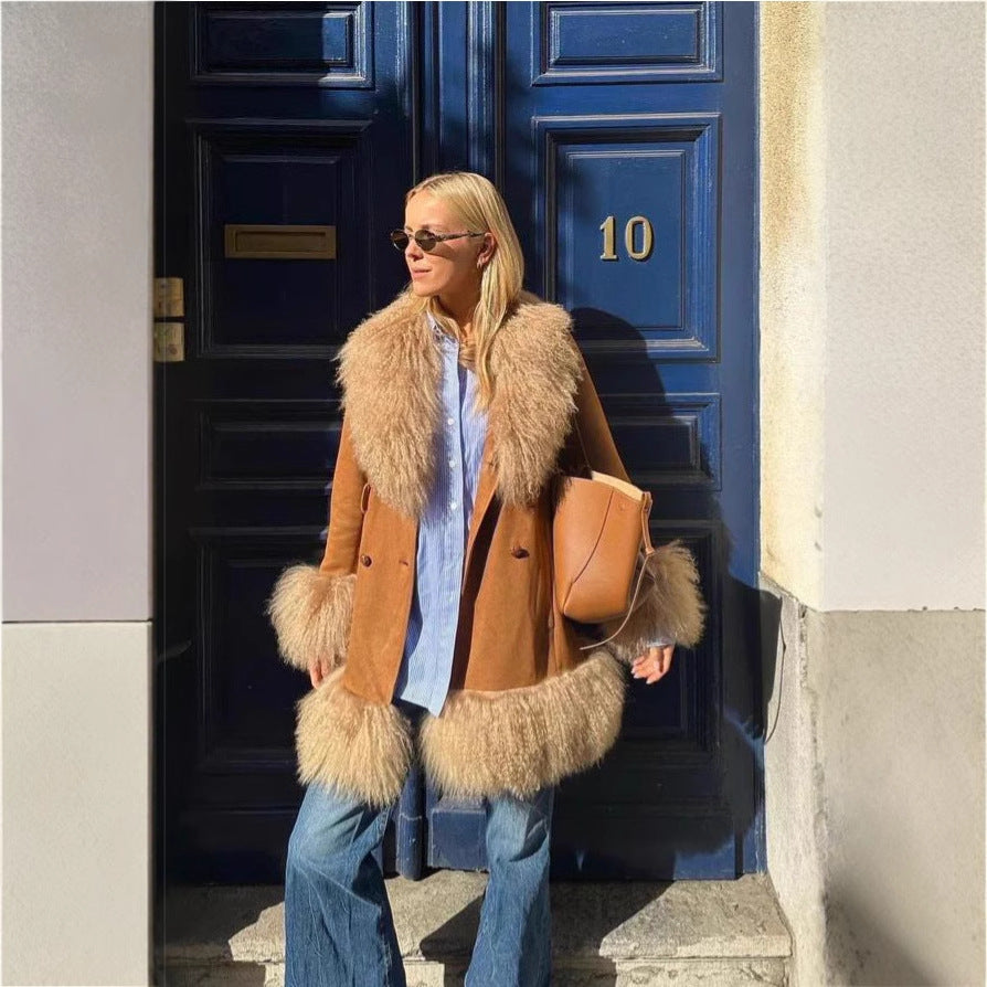 Damen Elegante Teddyjacke mit Taillengürtel und voluminösem Kragen EB