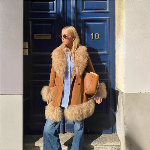 Damen Elegante Teddyjacke mit Taillengürtel und voluminösem Kragen EB