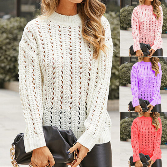 Damen luftiger Strickpullover mit Lochmuster und modernem Stehkragen EB